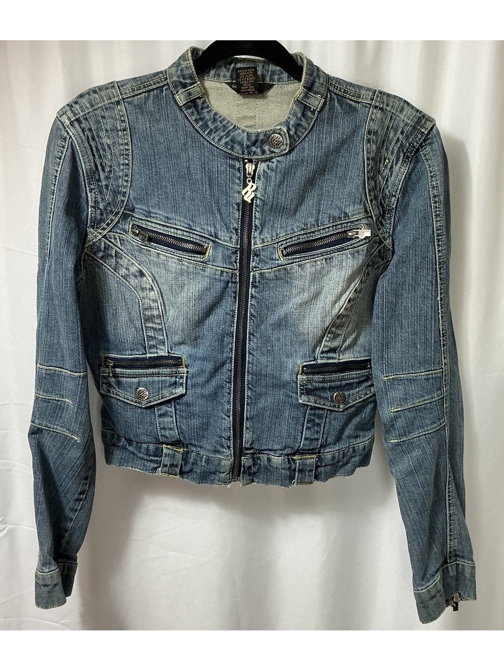 Rocawear Women’s L Denim Jacket Embroidered Logo Zip Moto Y2K Vintage Streetwear